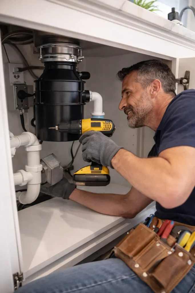 Ventura County handyman installing garbage disposal under kitchen sink